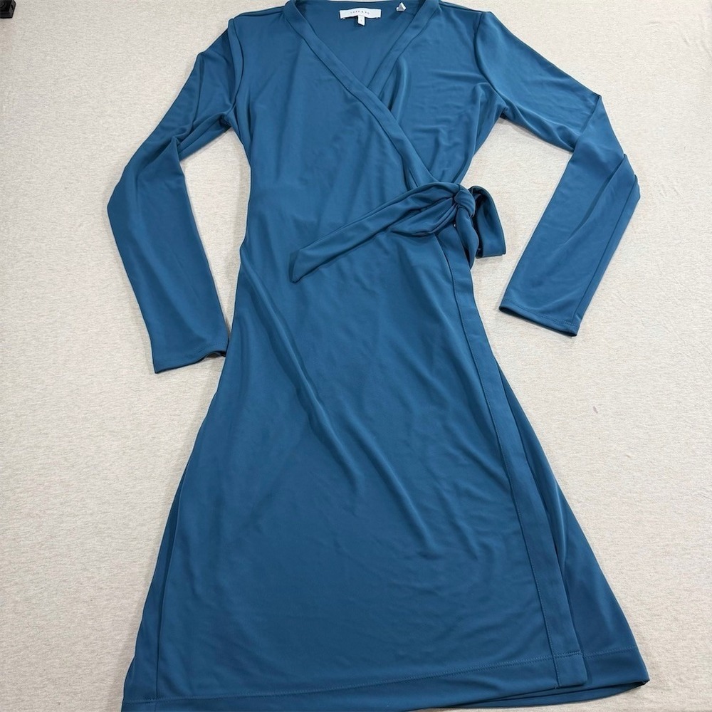 Lark & Ro Wrap Dress Womens Size L Blue V-Neck Long Sleeve Tie Waist‎